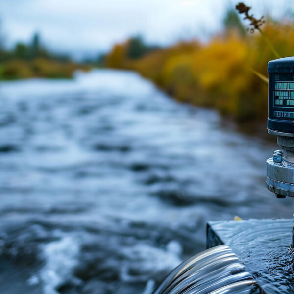 A water flow meter monitoring the steady stream of a river, gauging volume and velocity with digital displays against a serene backdrop.