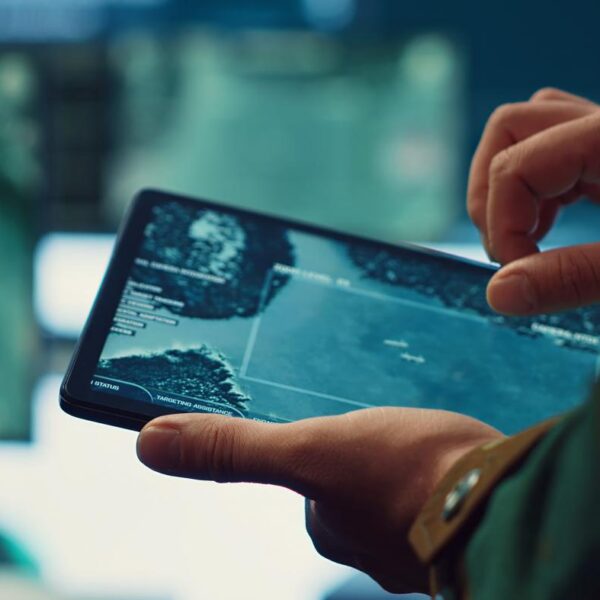 Navy operations specialist following hostile warship trajectory around the national waters, working on ensuring protection via satellite radar system on a tablet. IT professional. Close up. Camera A.
